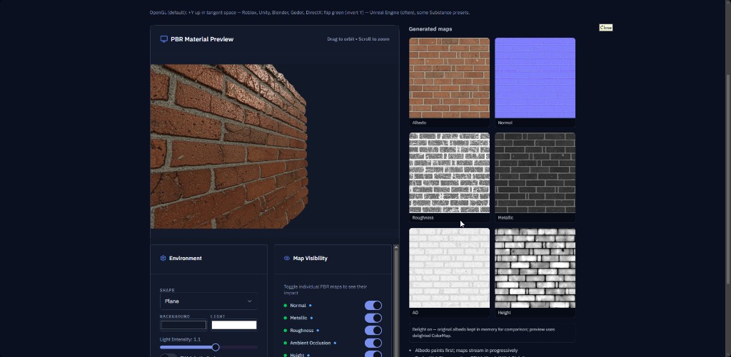 Brick plane displaced by a height map, with albedo, normal, and height thumbnails beside the preview