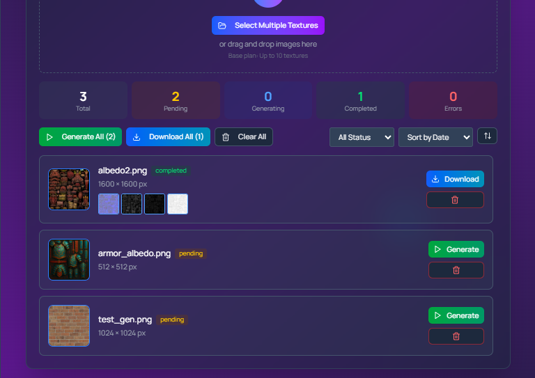 GenPBR Bulk Processing Interface - Upload multiple textures and generate PBR maps in batch