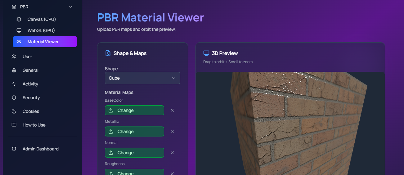 GenPBR Material Viewer Dashboard - Real-time 3D PBR material preview with WebGL viewer